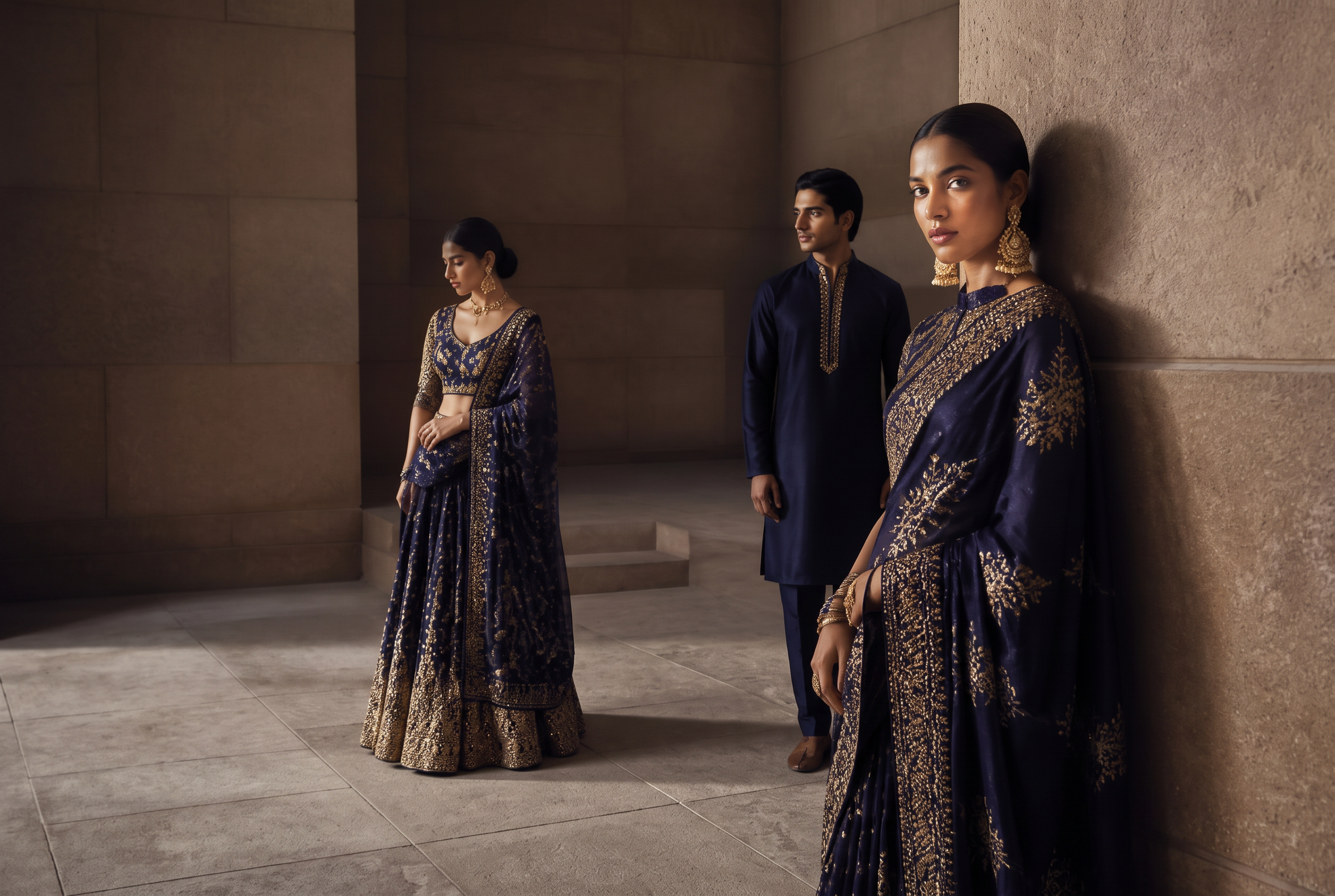 Models wearing navy and gold embroidered ethnic apparel